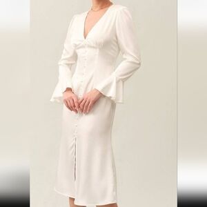 NWT Rihoas Solid V-Neck Satin Long Sleeves Bridal Women's Midi Dress Size L